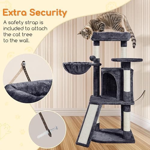 Yaheetech 42in Cat Tree Tower for Indoor Cats, Kitten House with Large Perch & Scratching Posts & Cozy Condo & Scratching Ramp, Pet Furniture Activity Center, Dark Gray thumbnail 7