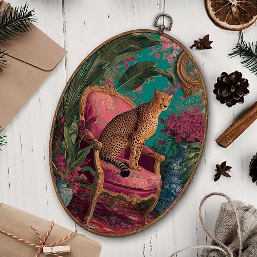 FCHHYWAL Funky Leopard Floral Oval Framed Wall Art, Maximalist Cheetah Aesthetic Canvas Wall Art Prints Decor, Eclectic Jungle Animal Hanging Decor for Home Living Room Bedroom, 8.7 x 11.3 Inch thumbnail 6