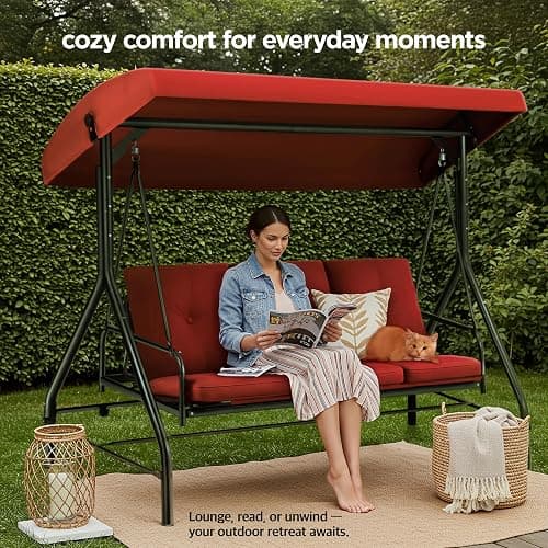 Porch Swing - 3-Seat Patio Outdoor Swing with Canopy for Adultes, Convertible Glider Bed, Thick Removable Cushions & Pillows for Backyard, Porch, Garden - Burgundy thumbnail 5