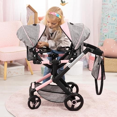 Bayer: Xeo Twin Pram - Butterfly Grey & Pink - Matching Handbag, Adjustable Handle, for Dolls Up to 20" thumbnail 5