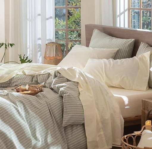 MooMee Bedding Sheet Set 100% Washed Cotton Linen Like Textured Breathable Durable Soft Comfy (Solid Cream White, California King) - Image 1