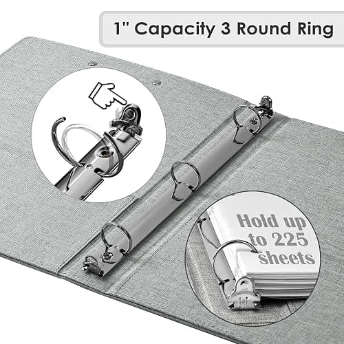 EYROZILL 3 Ring Binder, 1 Inch Linen Binder Organizer for Letter Size (8.5" x 11") with 5 Tab Dividers, File Folder Labels and Low Profile Clipboards, School and Office Supplies-Light Grey thumbnail 5