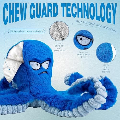 LEGEND SANDY Tough Dog Toys, Stuffed Chew Large Dog Toys to Keep Them Busy, Interactive Squeaky Tug of War Doggie Toy, Crinkle Blue Octopus thumbnail 3