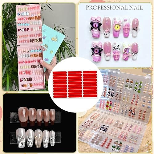 12 Sheets Double Sided Nail Tape for Press on Nails, Clear Adhesive Mounting Tapes for Nail Packaging Nail Design Salon Supplies Colors Designs Showcase (Red) thumbnail 4