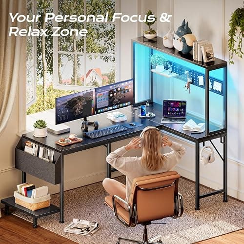 PRAISUN L Shaped Gaming Desk with LED Lights & Power Outlets | Reversible Computer Desk with Storage Shelves & Bag, Large Corner Home Office Desk with Pegboard for Work from Home, Black thumbnail 6