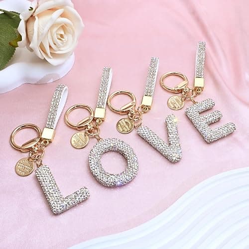 Pink Blue White Initial Letter Keychain Gift for Women Girls Bling Sparkly Cute Backpack Car Key Accessories Lanyard thumbnail 5