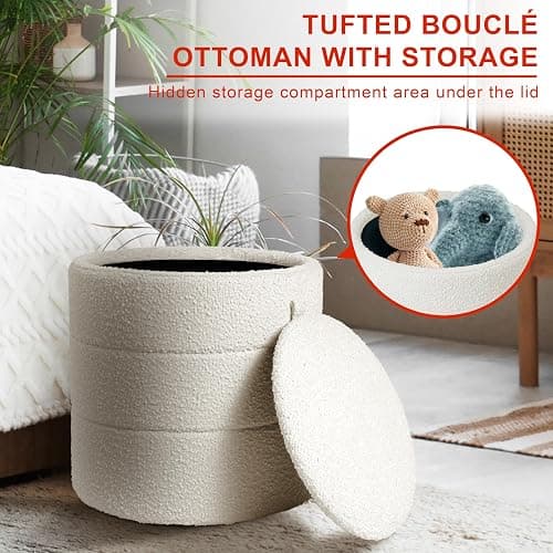 HomePop Storage Round Ottoman with Removable Lid |Homepop Home Décor|Upholstered Round Foot Rest Ottoman - Cream Boucle thumbnail 7