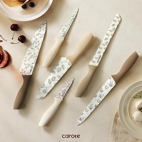 CAROTE 12PCS Knife Set, Kitchen Knife Set with 6 Blade Guards, Stainless Steel Knives Set With Nonstick Ceramic Coating, Rustproof, Delicate Floral Designs, White thumbnail 7