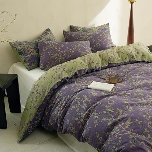 Simple&Opulence Muslin Duvet Cover Set King Size, 100% Washed Cotton 3 Pieces Yarn-Dyed Vintage Purple Floral Jacquard Textured Bedding, Soft & Breathable Gauze Comforter Cover with Zipper Closure thumbnail 9