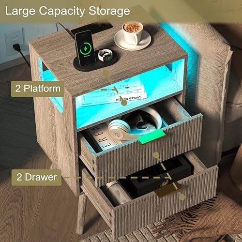 JOONEE Nightstand with Charging Station and LED Lights,Modern Bedside Table with 2 Storage Drawer and Open Wood Shelf, for Bedroom and Small Spaces,Night Stand with Solid Wood Legs,GreyOak thumbnail 6