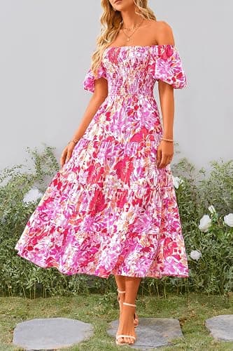 PRETTYGARDEN Women's Smocked Midi Wedding Guest Dress | Puff Short Sleeve, Square Neck A Line, Tiered Ruffle Hem, Long Dresses, Beach Vacation, Cocktail Party, Summer Outfits thumbnail 6