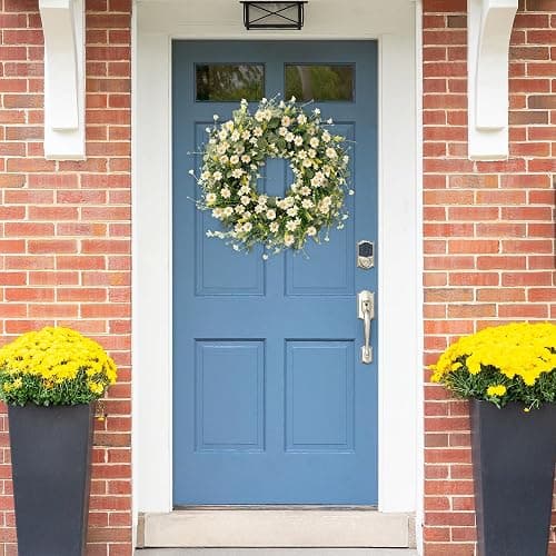 Sggvecsy White Daisy Wreath 24 Inch with Fake Silk Floral Green Eucalyptus Leaves and Lavender for Spring Summer Front Door Window Wall Wedding Farmhouse Festival Decor - White thumbnail 6