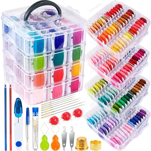 BYMORE 262 Pack Embroidery Thread Floss Kit Including 200 Colors 8 M/Pcs Cross Stitch Sewing Thread with Floss Bins and 62 Pcs Cross Stitch Tool,4-Tier Transparent Storage Box - Image 1