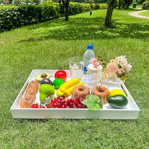 White Rectangular 14x20 Inches Acrylic Ottoman Tray Decorative Serving Tray with Cutout Handles Organizer Tray on Coffee Table Countertop Big Breakfast Bed Tray Living Room Appetizer Serving Food thumbnail 5