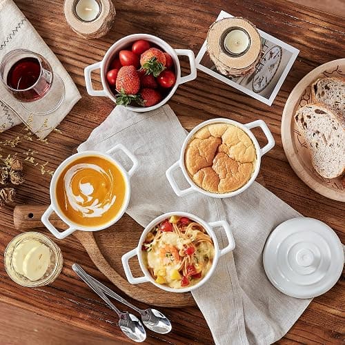 Lareina Mini Cocotte 12oz Ceramic Casserole Dish Set with Lid, White | Small casserole ramekins with handles, oven, microwave & dishwasher safe. Perfect for baking, serving, and individual meals. thumbnail 5