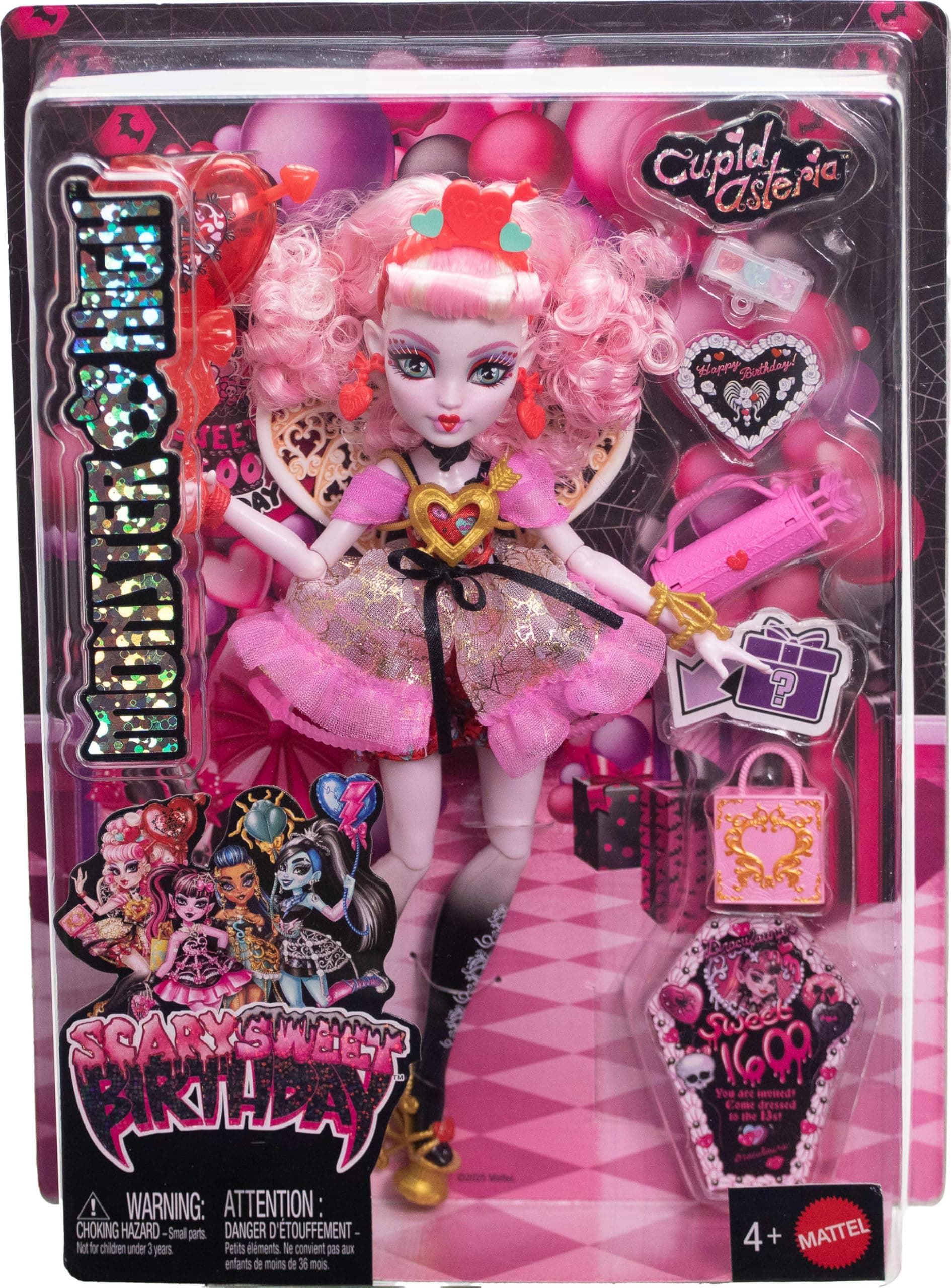 Monster High Scary Sweet Birthday Doll, Cupid Asteria in Pink and Red Party Dress with Themed Accessories Like Invite, Balloon, Gift and More thumbnail 6