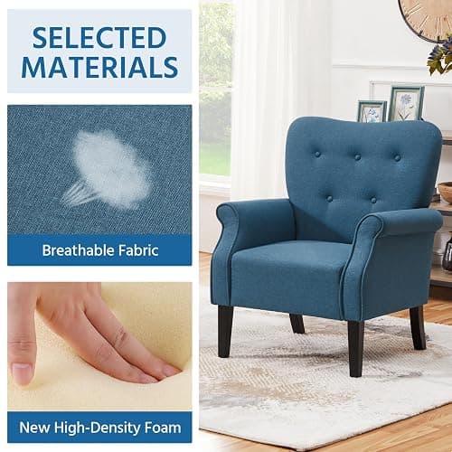 Yaheetech Modern Armchair, Mid Century Accent Chair with Sturdy Wood Legs and High Back for Small Space, Upholstered Fabric Sofa Club Chair for Living Room/Bedroom/Office, Navy Blue thumbnail 5