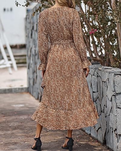 BTFBM Womens Dresses Fall Clothes 2025 V Neck Floral High Waist Ruffle Wedding Guest Cocktail Boho Long Sleeve Dress thumbnail 5