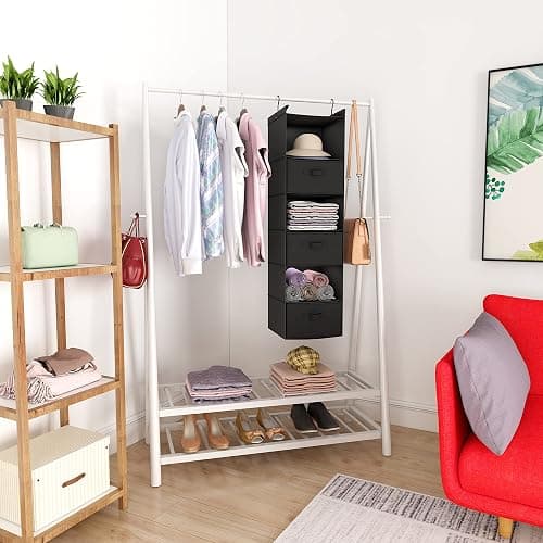 MAX Houser 6 Tier Foldable Hanging Closet Organizer with Hooks, Black-D3 | foldable lightweight fabric closet storage with 3 Drawers, space-saving design for Bedroom, Closet Hanging Shelf for Storage thumbnail 6