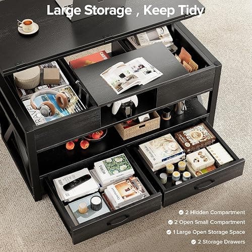 Memobarco 40" Lift Top Coffee Table,4 in 1 Multi-Function Lift Coffee Tables with Storage Drawers and Hidden Compartmen,Farmhouse Coffee Table with Lifting top for Living Room,Black thumbnail 4