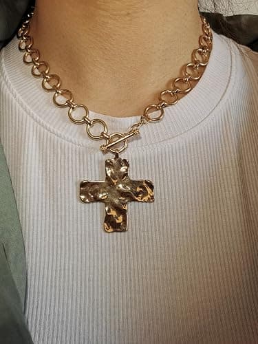 MQV Chunky Statement Gold Hammered Bold Cross Necklace Thick Chain Vintage Chain Pendant Jewelry thumbnail 6