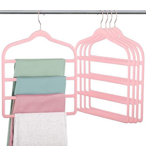 Velvet Pants Clothes Hanger Space Saving Non Slip Pants Shorts Hanger, Myfolrena Jeans Slack Trousers Hangers Multiple Velvet Hanger Closet Storage and Organization for Jeans,Scarf,Tie(Pink, 5) - Image 1