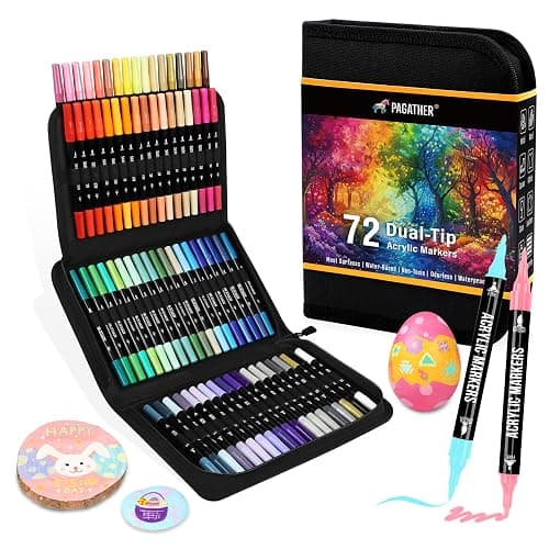 Pagather 72 Colors Acrylic Paint Markers, Dual Tip with Fine Tip and Brush Tip Pens for Stone, Wood, Calligraphy, Canvas, Ceramic, Metal, Glass, Rock Painting, DIY Crafts Art Supplies Kit - Image 1
