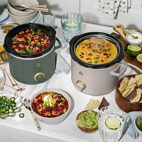 Beautiful 2 Pack Slow Cooker Crock Set- 2 Quart, Thyme Green/Porcini Taupe (120 Watts) with Adjustable Heat settings-Kitchenware by Drew Barrymore thumbnail 6