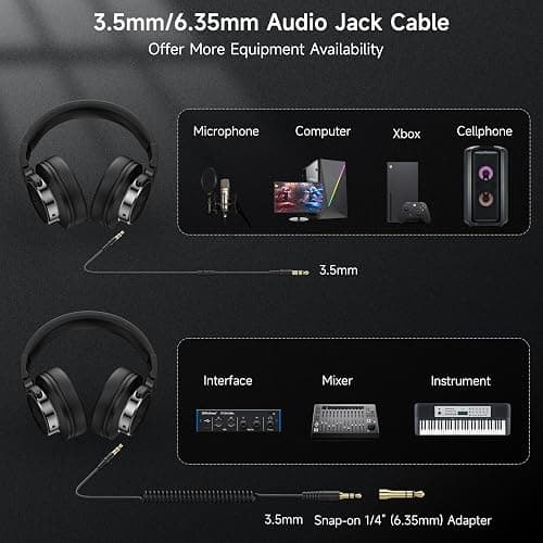Rumoon Wired Over Ear Headphones, Studio Monitor & Mixing DJ Headphones with 50mm Neodymium Drivers and 1/4 to 3.5mm Jack for Guitar AMP Podcast Piano Keyboard (Black) thumbnail 6