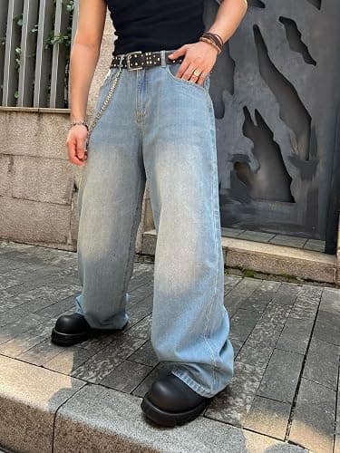 DFGIGT Men's Baggy Hip Hop Jeans Wide Leg Skater Denim Pants Casual Loose Fit Long Trousers Streetwear thumbnail 2