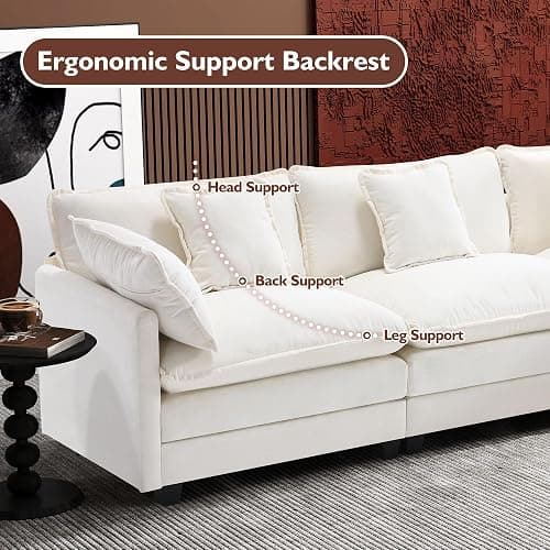 Ihanherry 111.4" L Shaped Modern Sofa Modular Sectional Cloud Couch with Ottoman, 4-Seat Chenille Deep Seat Sofa with Pillow for Living Room, Bedroom and Apartment, Beige thumbnail 7