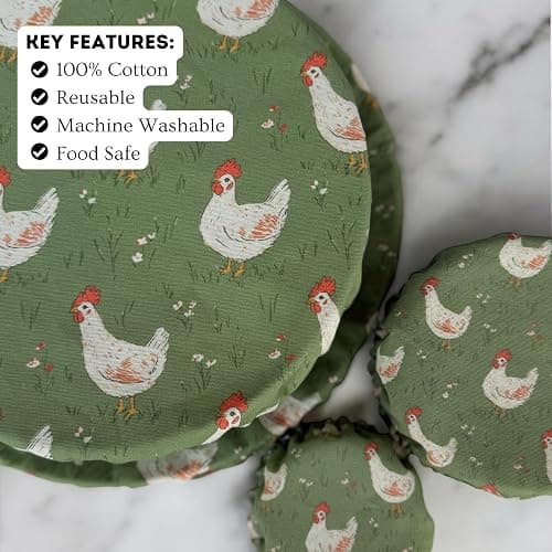 (4-Pack) Sourdough Reuseable Jar & Bowl Covers | Cute Baking Gift | 100% Cotton | Washable | Bread Proofing | Kitchen Food Storage Gifting | Starter Cover Lid Kit (Chickens) thumbnail 4