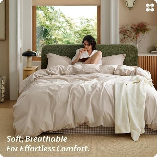 Bedsure 100% Washed Cotton Duvet Cover Queen Size - Oatmeal Minimalist Bedding Set Linen Like - PureWoven Plain Simple & Soft Comforter Cover for All Seasons (Oatmeal, Queen, 90"x90") thumbnail 9