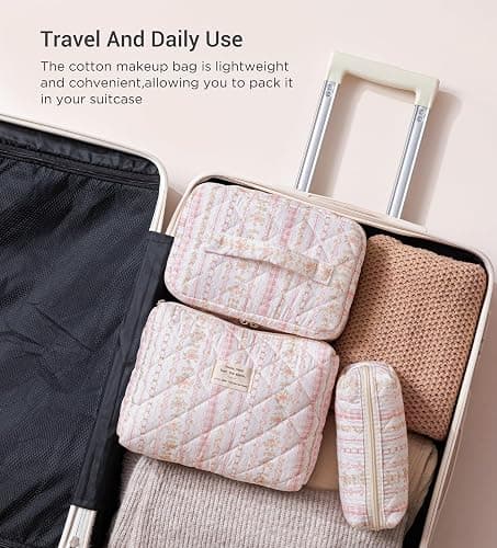 HBselect Quilted Makeup Bag, 3PCS Cotton Large Travel Makeup Bag, Cute Floral Coquette Make up Bag Cosmetic Bag Toiletry Bag for Women Girls thumbnail 4