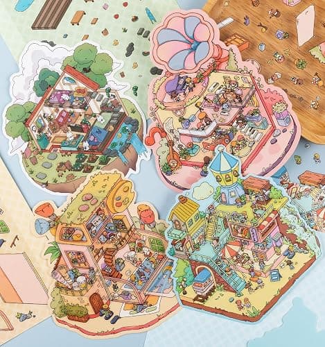 12 Sets DIY 3D Sticker Scene for Kids, Fun DIY Sticker Scene Make Your Own Mini House Cute Cartoon Animal Scene Stickers Adult Sticker Art Relief Stress Pass The Time Holiday Christmas Fun thumbnail 2