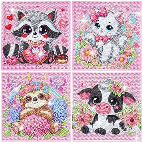 Diamond Art Kits for Kids, 4 Pieces Cartoon Animals Diamond Painting Kits for Adults Beginner, 5D Full Round Drill Gem Art Arts and Crafts for Kid Mosaic Kits for Gift Home Wall Decor Kids 6X6 inch - Image 1