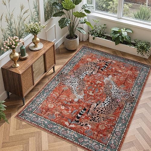Moynesa Leopard 5x7 Area Rug, Boho Washable Living Room Rug, Non Slip Rugs for Bedroom, Ultra Thin Vintage Soft Stain Resistant Throw Floor Carpet for Office Dining Room, Rust thumbnail 8