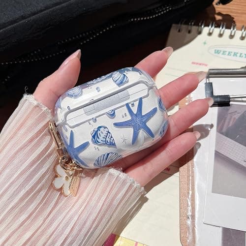 MINSCOSE Compatible with AirPods Pro 2nd/1st Generation,Cute Beautiful Seashell and Starfish Pattern Design with Keychain, Soft TPU Protective Shockproof Cover for AirPods Pro/Pro 2-Blue thumbnail 8