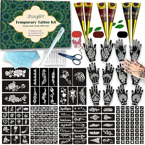 191 Pcs Temporary Tattoo Stencils Kit with 6 Tattoo Cones (2 Black, 2 Brown, 2 Dark Red), White Tattoo Outline Pen, Cotton Swabs & Towel | Perfect for Adults, Teens, Beginners, Family Fun & Parties - Image 1