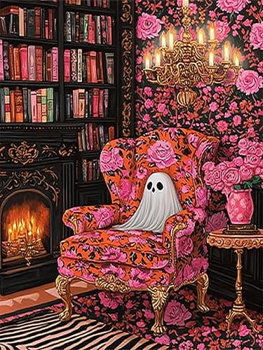 Zythron Diamond Art Kits for Adults,Bookshelf Ghost Diamond Painting Kits for Adults Beginner,Halloween 5D DIY Full Round Drill Diamond Art Gem Art Kits,Home Wall Decor 12 x 16 Inch - Image 1