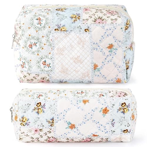 URSKYTOUS 2Pcs Cotton Quilted Makeup Bag for Women Girls Coquette Small Floral Cosmetic Bags Cute Zipper Pencil Pouch Aesthetic Makeup Pouch Trendy Cloth Bee&Flower Travel Toiletry Skincare Bag - Image 1