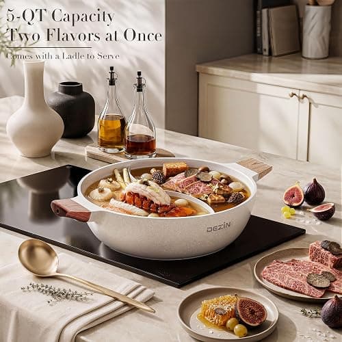 Dezin 5-QT Double-flavor Shabu Shabu Pot with Divider, Dual Sided Nonstick Hot Pot, 12 Inch Divided Stockpot for Cooking, Hotpot for Induction Cooktop, Gas Stove & Hot Burner, Soup Ladle Included thumbnail 7