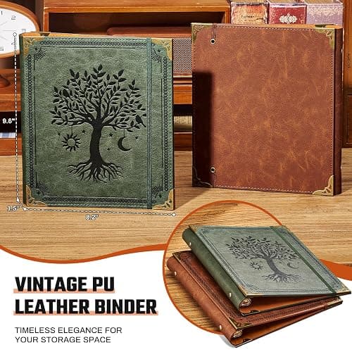 Ovesmusl PU Leather Mini 3 Ring Binder Fits 5.5" X 8.5" A5 Paper, 1 Inch Round Ring Binder Holds 200 Sheets, Notepad Paper Cover Loose Leaf Organizer, Green Tree of Life thumbnail 2