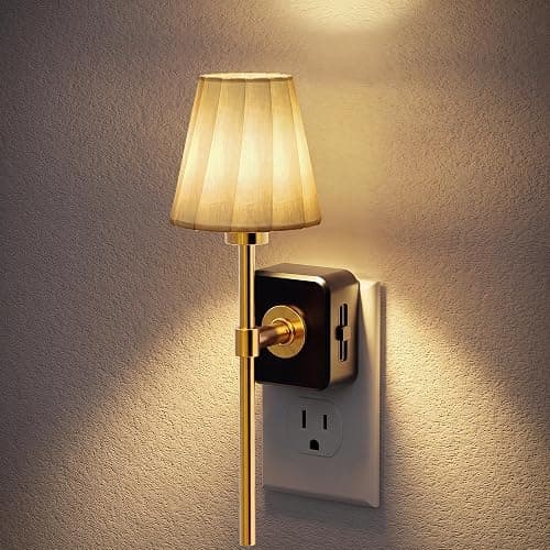 JandCase Night Lights Plug into Wall, Vintage Nightlight with Dusk to Dawn Sensor, 0-100LM Dimmable, Pleated Fabric Beige Lamp for Living Room Bedroom Hallway - Image 1