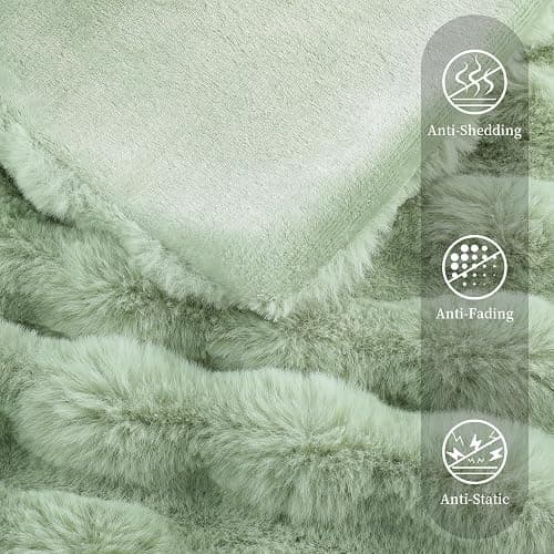 Faux Rabbit Fur Throw Blanket for Couch, Sage Green Throw Blankets 50"x60" | Cozy Reversible Fluffy Throw, Luxury Plush Thick Bubble Blanket, Mothers Gifts for Women, Soft Warm for Bed, Home Decor thumbnail 4