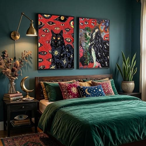 2Pcs Black Cat Cohen Hippie Psychedelic Wall Art Retro Fun Cool Girl Mystical Animal Eyes Stars Canvas Posters Prints Cat Lovers Wall Decor Pictures Bedroom Living Room Dorm Decoration Unframed thumbnail 4