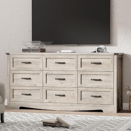 Dresser for Bedroom with 9 Drawers, 59" Wide Wood Chest of Drawers with Deep Drawers & Mental Handle, Modern Dresser TV Stand, Wooden Closet Storage Organizer for Living Room, Hallway, Entryway, Grey thumbnail 7