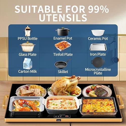 Electric Warming Tray (XXL 32”x18”)，Food Warmers for Parties Buffet with Thermostat & Full Surface Heating, Tempered Glass Warming Mat for Food, Temperature Adjustable Gold Handles Food Warming Mat thumbnail 4