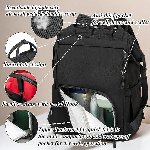QWREOIA Diaper Bag Backpack for Dad and Mom with USB Charging Port Stroller Straps and Insulated Pocket,army military Travel Nappy Backpack for Daddy/Mommy (Black) thumbnail 6
