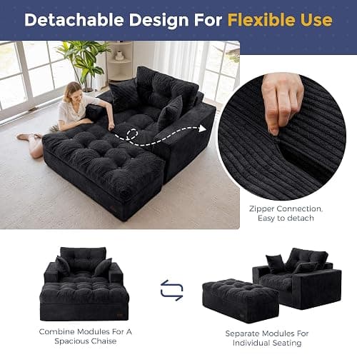 MAXYOYO Oversized Chaise Lounge Sofa, Upholstered Lounge Chair with 3 Pillows, Tufted Boneless Sofa Couch with Ottoman, Deep Seat Sleeper Chair for Living Room, Bedroom, No Assembly, Black thumbnail 5